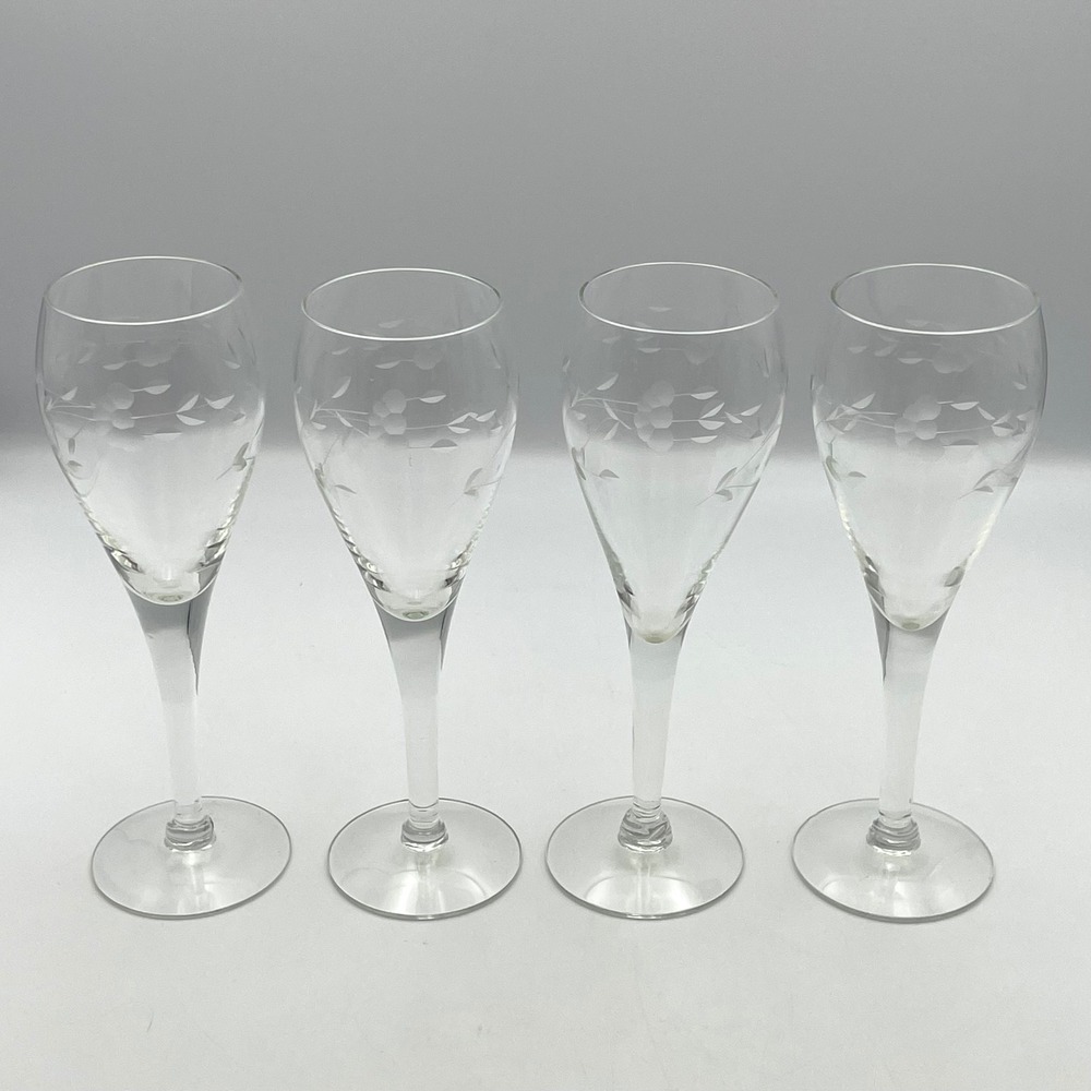 Vintage 1980s Princess House Heritage Etched Wine Glasses Set Of 4 - 8" Floral